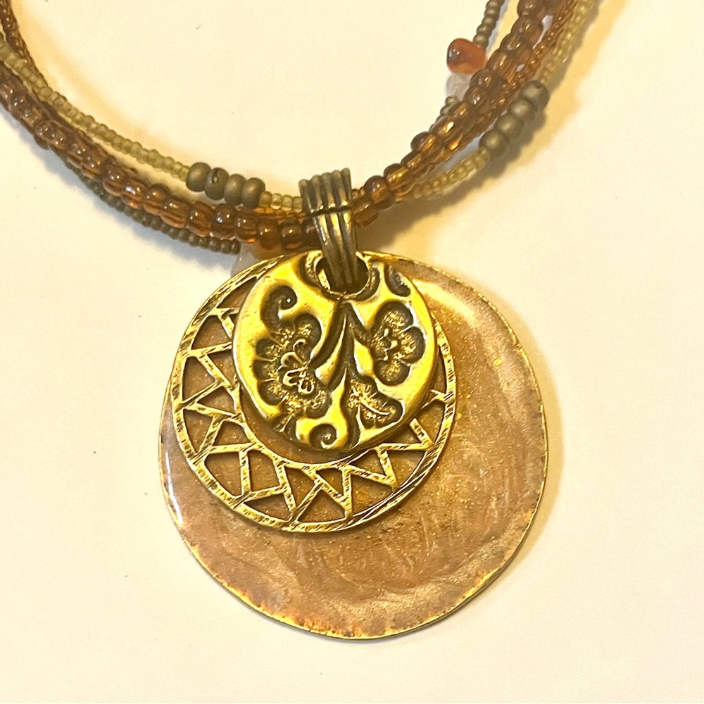 vintage Chico’s multilayer beaded boho necklace  circle engraved accent pendants